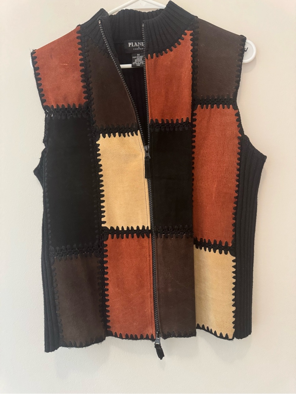 Vintage Planet & Co Leather Patchwork Zip Vest Black Brown Western Hippie M